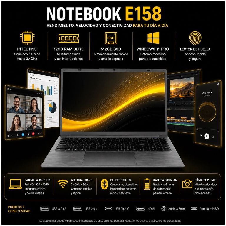 Startechoffice Notebook Portátil 15.6” FHD IPS Intel N95 12GB RAM 512GB SSD WiFi 5 Windows 11 Pro Multitarea