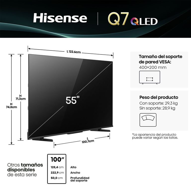 Hisense Smart Tv 55" QLED 4K UHD GOOGLE TV Gamer 144HZ 55Q7QG