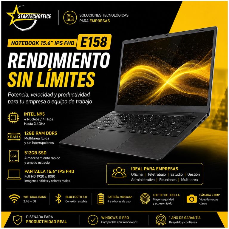 Startechoffice Notebook Portátil 15.6” FHD IPS Intel N95 12GB RAM 512GB SSD WiFi 5 Windows 11 Pro Multitarea