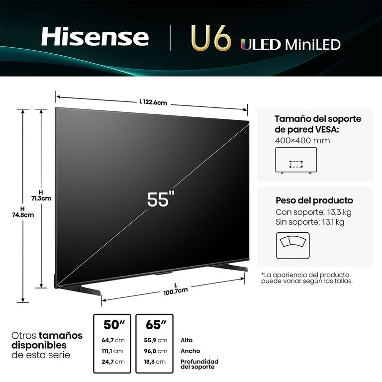 Hisense Smart Tv 55" QLED MINILED 4K UHD 55U6QV