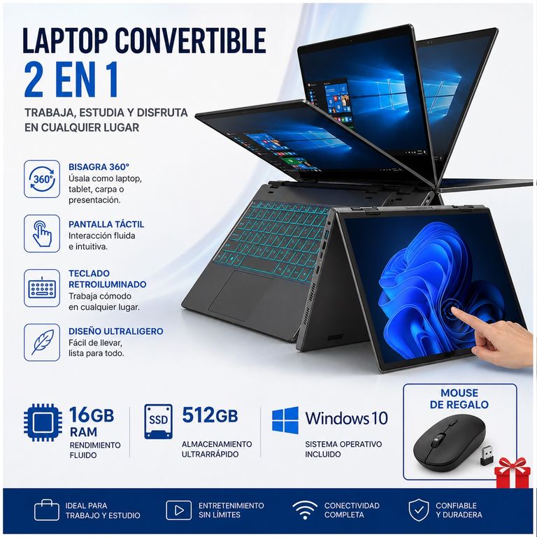 Startechoffice Notebook Convertible 2 en 1 Táctil 14.1” Full HD IPS, Intel N100, 16GB RAM, 512GB, Giro 360°